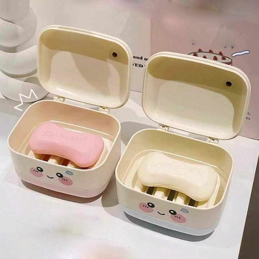 Cute Soap Dish With Drainage Tray, Double Layer Drainable Plastic Soap Holder With Lid, Cute Design Bathroom Storage, Bathroom Accessories, Toiletries - Multicolor - View 1