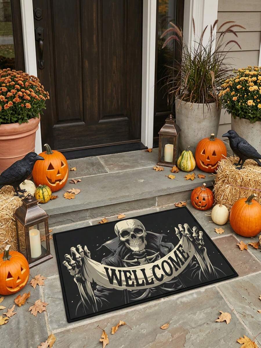 1PC Black Background White Skull Letter Pattern Entry Door Mat, Dark Gothic Style Crystal Velvet Rectangular Skull Skeleton WELLCOME Banner Detail Machine Washable Door Mat, Suitable For Halloween Party Entrance Garden Decoration - Multicolor - View 1