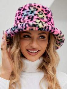1pc Women's Plush Tie-Dye Pattern Random Sexy Leopard Print Bucket Hat, Autumn/Winter Outdoor Travel Men's Holiday Accessory, Casual Bucket Hat, Party Hat, Date Couple Casual Unisex Knit Hat, Designed For Young People, Outdoor Activities, Christmas, Thanksgiving, Retro Party And Streetwear Ideal Choice, Perfect Gift And Birthday Present For Friends - Multicolor - View 3
