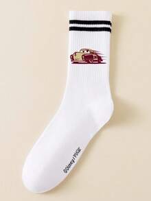 5/1 Pair Disney Men's Mid-Calf Socks, Black With Double Stripes And Car Pattern, Sports Socks - White - View 20