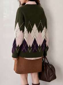 Women's Autumn/Winter Casual Minimalist Classic Retro Argyle Pattern V-Neck Cardigan Jacket - Dark Green - View 2