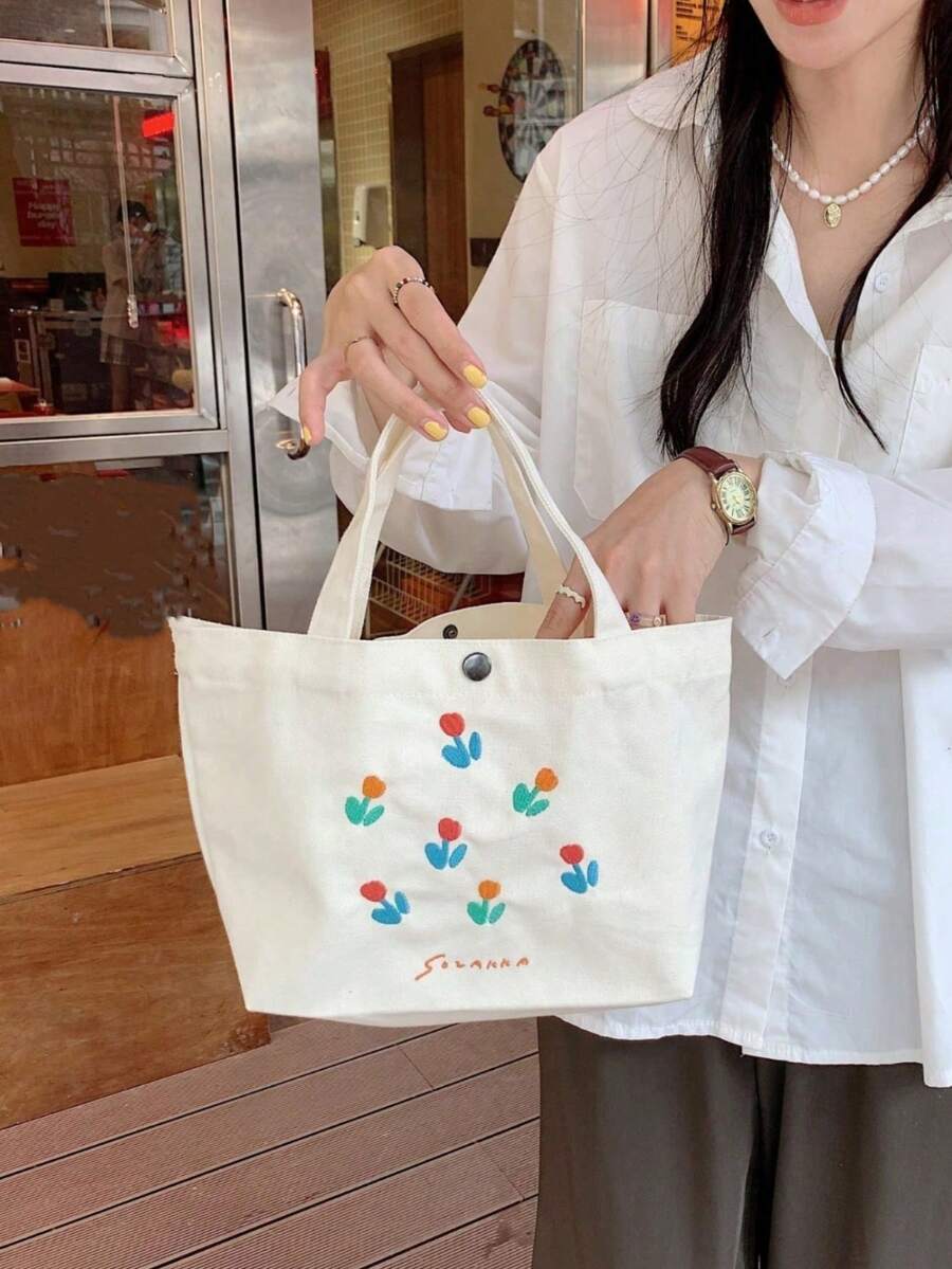 Qing'xin 新鮮奶油白刺繡彩色鬱金香印花手提包，附按扣設計，小巧手提包