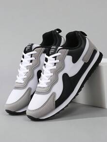 Men's Retro Low-Top Sneakers, Mesh And Synthetic Leather Patchwork, Lace-Up Closure, Suitable For Daily Walking, Commuting, Casual Wear - Black and White - View 1