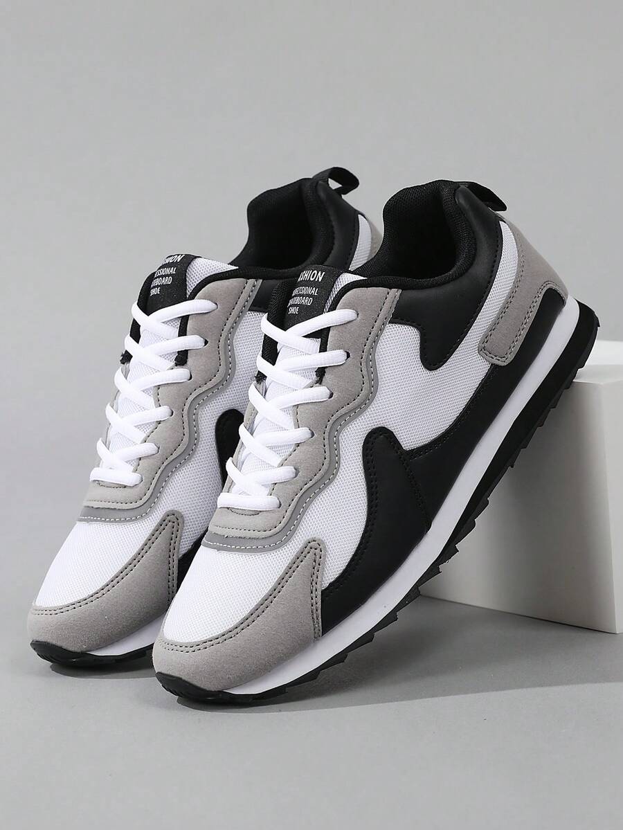 Men's Retro Low-Top Sneakers, Mesh And Synthetic Leather Patchwork, Lace-Up Closure, Suitable For Daily Walking, Commuting, Casual Wear - Black and White - View 1