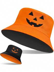 1pc Pumpkin Bucket Hat Halloween Orange Hat Men's Personalized Monster Embroidery Reversible Bucket Hat - A - View 8