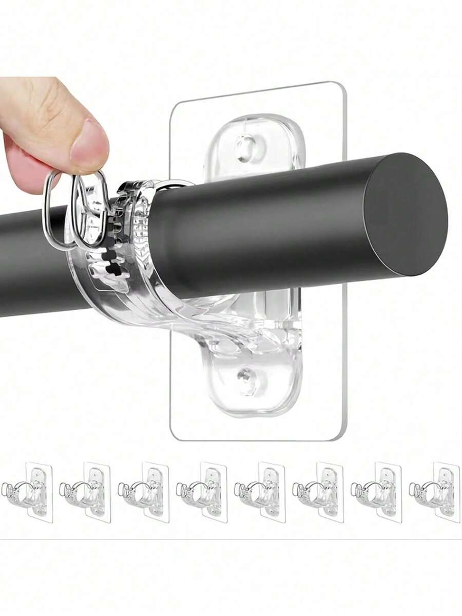 4pcs No-Drill Curtain Rod Brackets - Adjustable Size - Self-Adhesive Hooks Suitable For Bathroom, Bedroom, Kitchen, Renters - Easy Install Curtain Rod Brackets - No-Drill Curtain Rod Brackets - Curtain Installation Hardware - Transparent - View 1