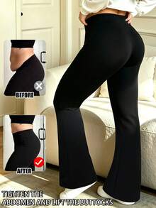 Autumn/Winter New Women's Plus Size Solid Color High Waist Elastic Flare Leggings Slimming Minimalist Versatile Yoga Casual Long Pants Sports Black - Black - View 2