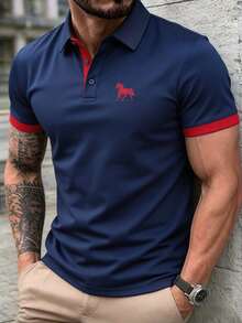 1件男士夏季對比領馬匹印花 Polo 衫，冰絲快乾透氣商務休閒通勤上衣 - 藏蓝色 - 查看 1