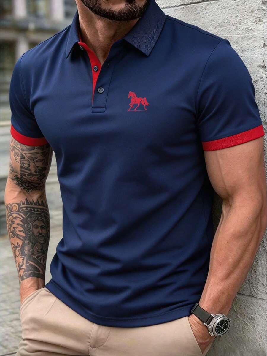 1件男士夏季對比領馬匹印花 Polo 衫,冰絲快乾透氣商務休閒通勤上衣 - 藏蓝色 - 查看 1