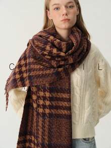 1pc Women's Fashion Versatile Plaid Multicolor Patchwork Polyester Scarf, Warm For Autumn/Winter, Daily Wear - Blue Camel - View 13