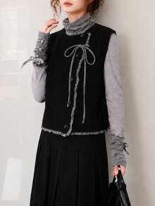 Women's Autumn/Winter Casual Elegant Contrast Trim Round Neck Knitted Cardigan Vest Top - Black - View 3