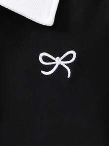 Girls' Autumn Long Sleeve Dress, Bow Embroidery Collar Casual Minimalist Preppy Style, Suitable For 4-8Y - Black - View 4