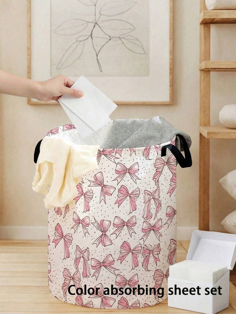 Pink Bow Pattern Decorated Foldable Fabric Laundry Basket - Pink - View 1