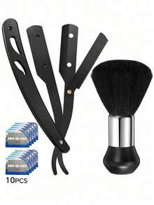 12Pcs Professional Men Shaving Set, Barber Straight Razor Kit With Neck Duster Brush & Double‑Edge Blades For Hair Salon Use - Multicolor - View 1