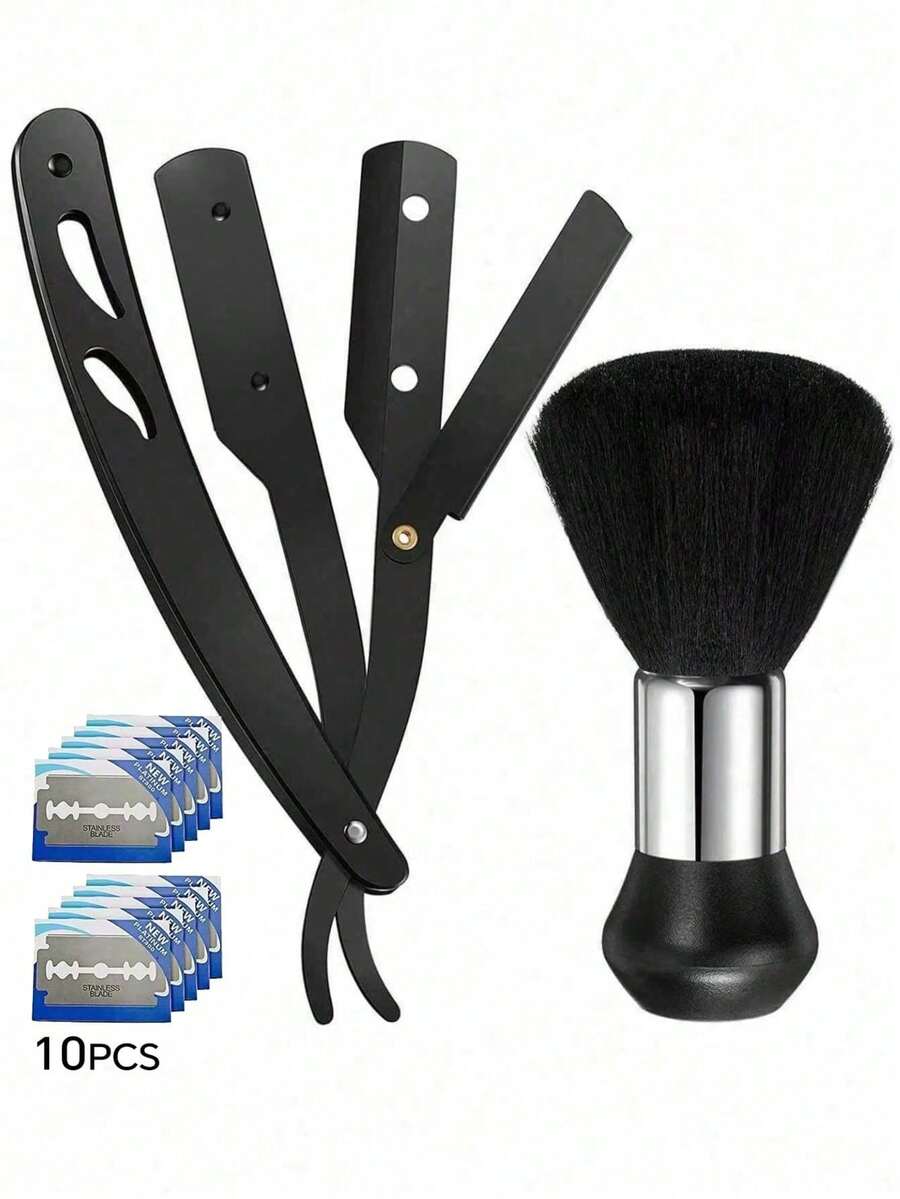 12Pcs Professional Men Shaving Set, Barber Straight Razor Kit With Neck Duster Brush & Double‑Edge Blades For Hair Salon Use - Multicolor - View 1