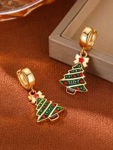 1 par de pendientes colgantes tipo huggie con árbol de Navidad, pendientes de aro colgantes de esmalte colorido navideño, joyería de fiesta festiva chapada en oro, regalos para mujeres - Árbol de Navidad pequeño con gotas de aceite - Ver 3
