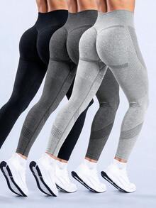 3pcs Women's Seamless Outdoor Sports Yoga Pants, High Waist High Elastic Moisture-Wicking, Peach Hip Flattering, Spring/Summer Fall - Multicolor - View 2