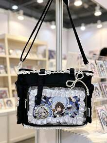 蕾絲飾邊珍珠吊飾托特包，正面透明展示窗，可收納各種個人物品，拉鍊開合，甜美動漫風斜背 Ita 包，可調式肩帶，可展示徽章與周邊商品，適合動漫展與日常通勤，滿足愛好者穿搭需求 - 黑色 - 查看 5
