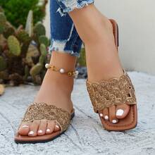 Women's Rhinestone Embellished Hollow-Out Mesh Pattern Square Toe Open Toe Single Strap Flat Slide Sandals, Luxury Vacation Style Summer Leather Slippers - Brown - View 4