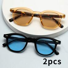 2pcs Unisex PC Material Oval Small Frame Premium Minimalist Fashion Glasses, Suitable For Party, Casual, Travel, Vacation, Beach, Daily Wear - 2-piece Combo Pack (Tea Tea 10 Black/Blue) - View 6