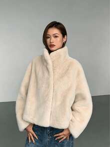 女款奢華黑色人造毛皮大衣標準版型長袖立領夾克 - 淺卡其色 - 查看 10