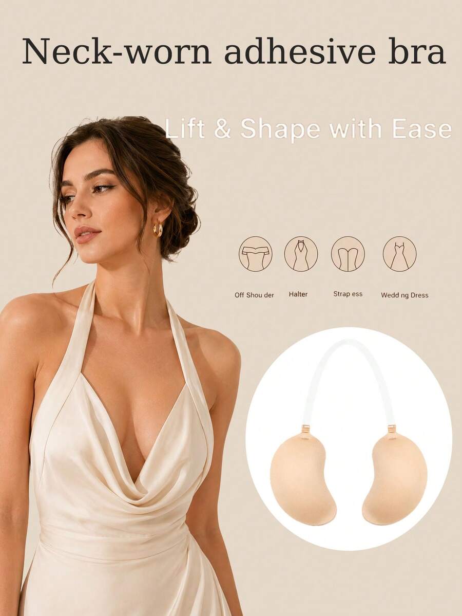 1pc Mango-Shaped Adhesive Bra With Detachable Transparent Straps, Suitable For Weddings, Parties And Formal Dresses - Multi-color - View 1