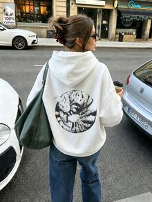 Oversized Women's Sweatshirt For Autumn/Winter, Long-Sleeve Hoodie With Pockets, Casual Top, Y2K Style, Daily Letter Graphic Print, Unisex, Streetwear - White - View 2