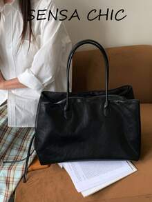 Solid Color Unadorned Oil Wax Crinkled Large Capacity Storage Zipper Closure Lazy High-End Shoulder Tote Bag Women's Daily Business Trip Commute Student Class Handbag Soft Leather Tote Bag - Black - View 5