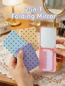 Macaron Color Portable Black Polka Dot Pattern Makeup Mirror, Foldable Mini Mirror, Women's Handheld Outdoor Touch-Up Mirror Set - Multicolor - View 1