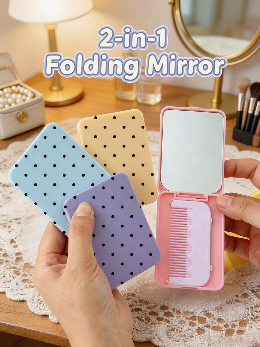 Macaron Color Portable Black Polka Dot Pattern Makeup Mirror, Foldable Mini Mirror, Women's Handheld Outdoor Touch-Up Mirror Set - Multicolor - View 1