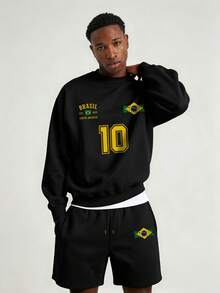 Men's Spring/Autumn Minimalist Brazil 10 Print Letter Crew Neck Long Sleeve Sweatshirt And Shorts Casual Set - Black - View 1