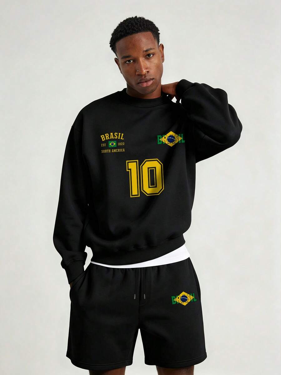 Men's Spring/Autumn Minimalist Brazil 10 Print Letter Crew Neck Long Sleeve Sweatshirt And Shorts Casual Set - Black - View 1