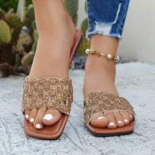 Women's Rhinestone Embellished Hollow-Out Mesh Pattern Square Toe Open Toe Single Strap Flat Slide Sandals, Luxury Vacation Style Summer Leather Slippers - Brown - View 3