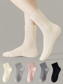ZUJO 5 Pairs Women's Mid-Calf Socks, 3D Cable Knit Long Socks, Comfortable Breathable Warm, Suitable For Spring Autumn Winter Sports And Daily Wear - Multicolor - View 4