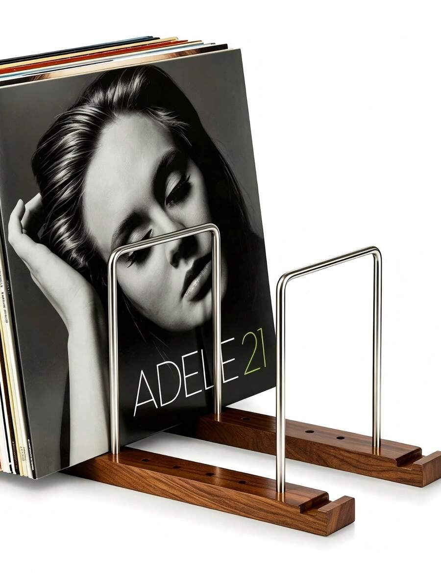Vintage Vinyl Record Storage Rack, Wood & Steel Desktop Record Holder Stand With Adjustable Slots, Non-Slip Base LP Album Display Organizer For CD Records Collection