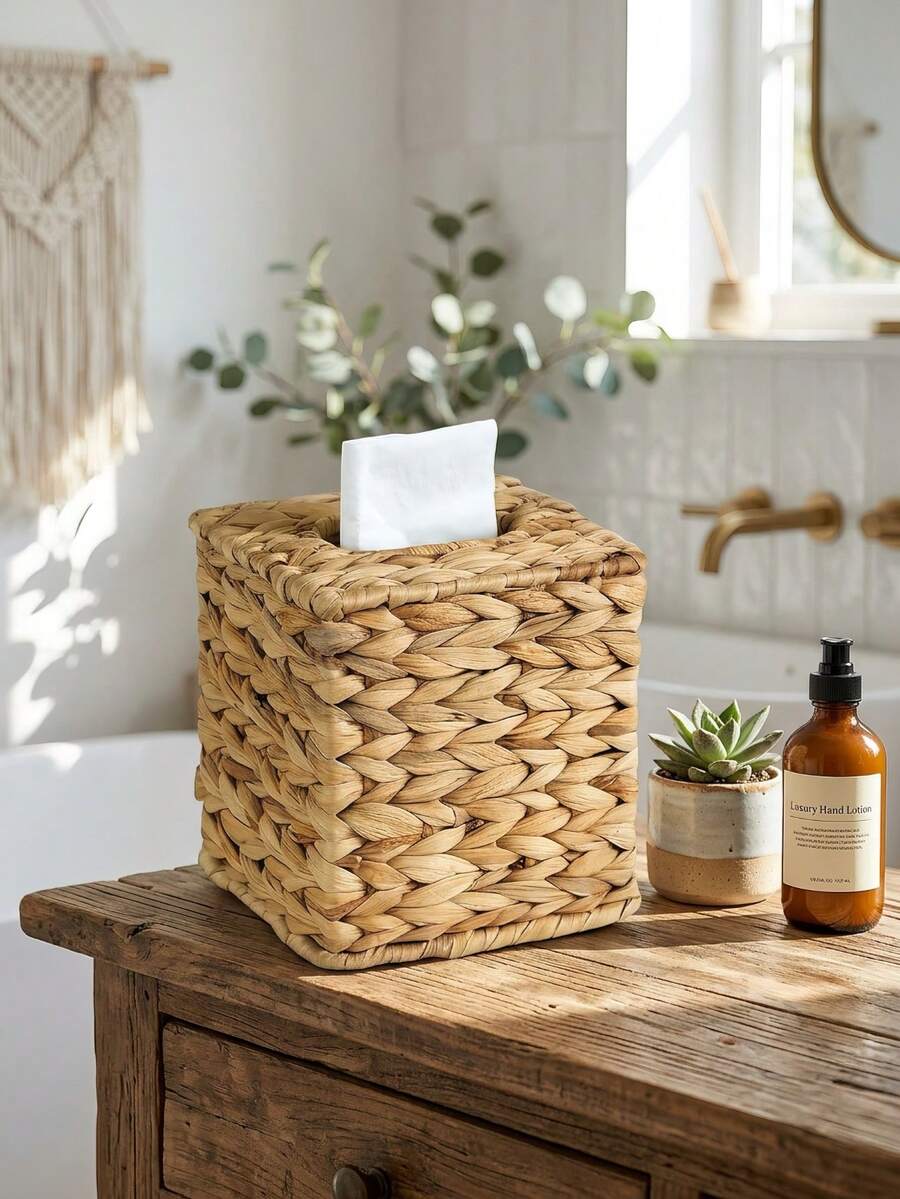 1 Pack Large Capacity Square Handwoven Natural Seagrass Tissue Box Cover With Lid, Boho Rustic Style Wicker Tissue Holder, Durable Napkin Dispenser For Bathroom, Living Room, Bedroom, Vanity, Home Decor - Multicolor - View 1