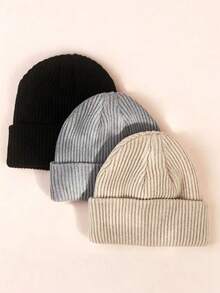 3pcs Pack Unisex Kids Knit Solid Color Warm Beanie Hats,Suitable For Autumn And Winter - Multicolor - View 6