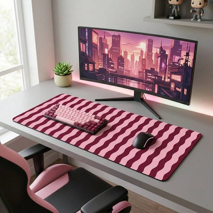 Pink Wavy Line Mouse Pad, Gaming Office Home Art Design, Gift For Friends And Family, Rubber Bottom, PC Laptop Back To School Desktop Accessory, Office Supplies, Mouse Pad Set, Computer Keyboard Pad, Study Pad - Mouse Pad - View 1