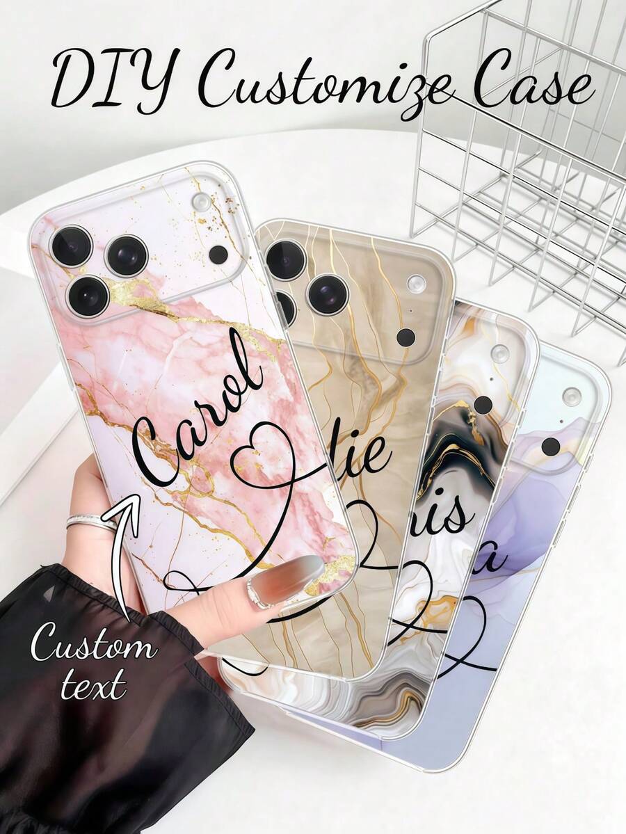 Light Pink Glitter Matte White Glossy Flower & Small Butterfly Black Border Customized Personalized Cursive Name Phone Case, Unique Pink Handwritten Soft Fairy Aesthetic Shockproof Protective Shell, Suitable For All Phone Models - Clear - View 1