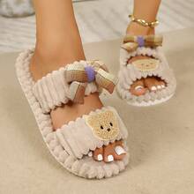 Cute Bear Bow Double Strap Plush Slippers For Women, Autumn/Winter Open Toe Non-Slip Indoor Cotton Slippers - Khaki - View 12
