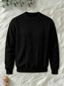 Men's Embossed Diamond Pattern Crew Neck Sweatshirt, Solid Color Versatile Casual Sports Top, Black - Black - View 2