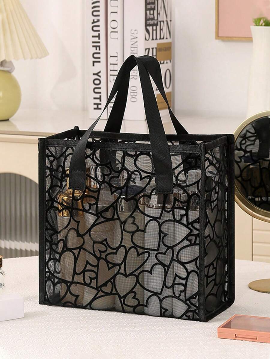 1pc Black Heart-Shaped Mesh Portable Handbag Makeup Organizer, Breathable Mesh Suitable For Home, Travel, Beach Vacation, Gift Choice For Girls - Multicolor - View 1