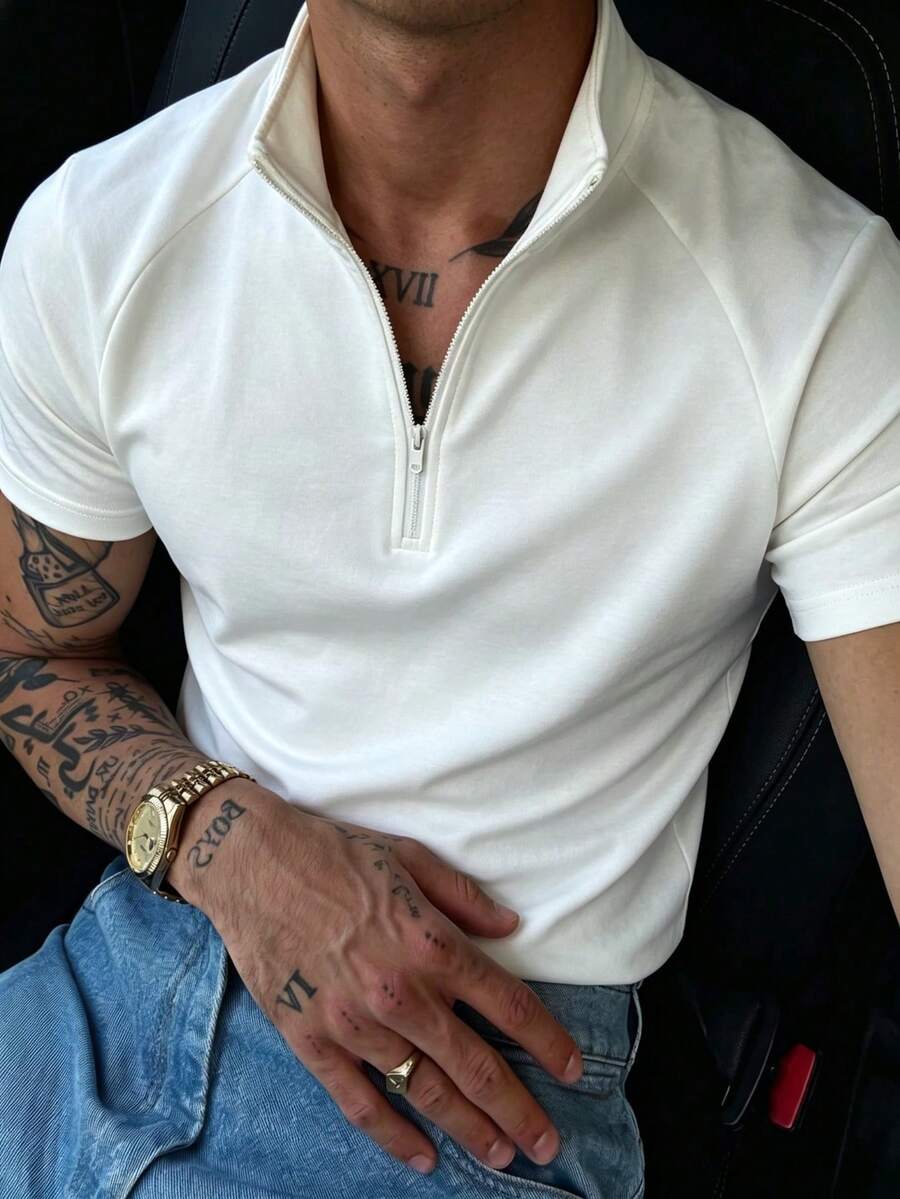 Men's Summer Fashion Raglan Sleeve Zipper Collar Short Sleeve T-Shirt, Suitable For Sports, Fitness And Daily Wear