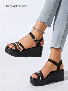 Women's Plus Size Woven Open Toe Wedge Sandals, Thick Sole Non-Slip Versatile Casual Shoes For Summer - Black - View 3