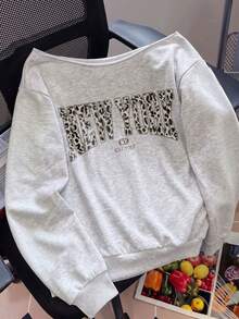 Women Y2K Grey Asymmetric Neck Leopard Letter Graphic Oversized Sweatshirt, Casual Long Sleeve Autumn Pullover - Grey - View 6