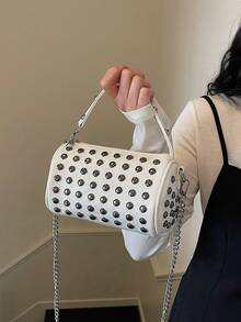 女款圓形水桶包，時尚閃亮水鑽晚宴派對浪漫迷人優雅獨特斜跨黑色包 - 白色 - 查看 2