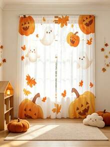 2 Peças Cortinas Transparentes de Folha de Outono, Fantasma de Abóbora em Aquarela, Adequadas para Decoração de Halloween e Ação de Graças, Design de Bolsa de Vara Superior, Tela de Janela Fluida, Cortina de Tela Adequada para Cozinha, Cafeteria, Restaurante, Varanda, Jardim, Quarto - Multicolorido - Visão 1