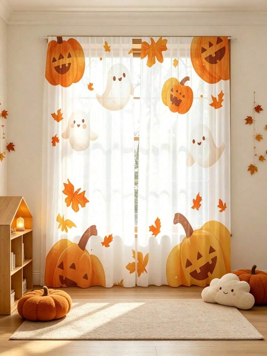2 Peças Cortinas Transparentes de Folha de Outono, Fantasma de Abóbora em Aquarela, Adequadas para Decoração de Halloween e Ação de Graças, Design de Bolsa de Vara Superior, Tela de Janela Fluida, Cortina de Tela Adequada para Cozinha, Cafeteria, Restaurante, Varanda, Jardim, Quarto - Multicolorido - Visão 1
