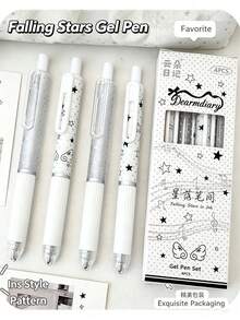 4pcs Star & Polka Dot Retractable Gel Pen Set, INS Style Silver White Ribbon Print Cute Black Ink Pens, 0.5mm Quick-Dry Smooth Writing Signing Pens, Cute Stationery For Students, Back To School Gift, Back To School Essential - Multicolor - View 6
