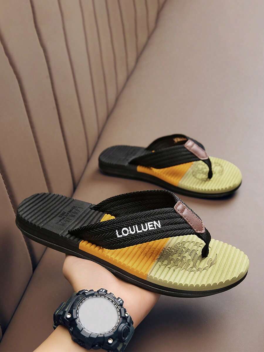 Men's Colorblock Geometric Pattern Sole, Multi-Layer Trim Flat Design, Lightweight Soft Versatile Casual Beach Flip Flops For Home, Walking, Seaside Vacation - Orange - View 1